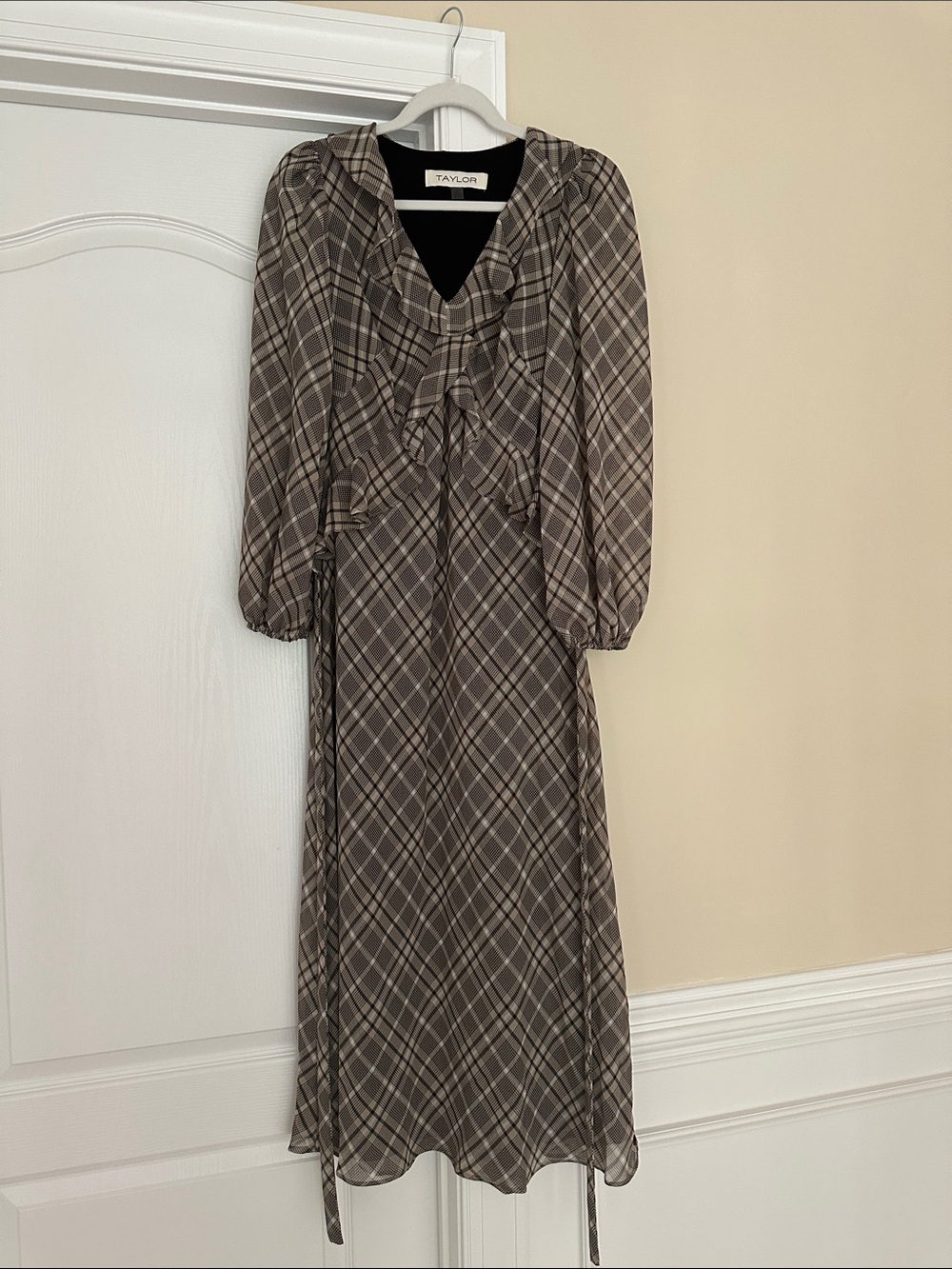 Taylor Taupe Plaid Ruffle Long-Sleeve Midi Dress